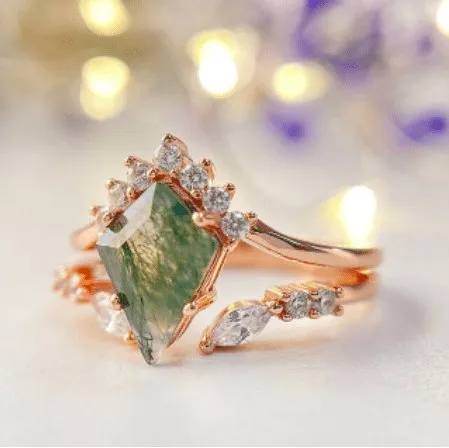 VIP Custom Dream Ring- Natural Moss Agate Rhombus Shape Engagement Ring