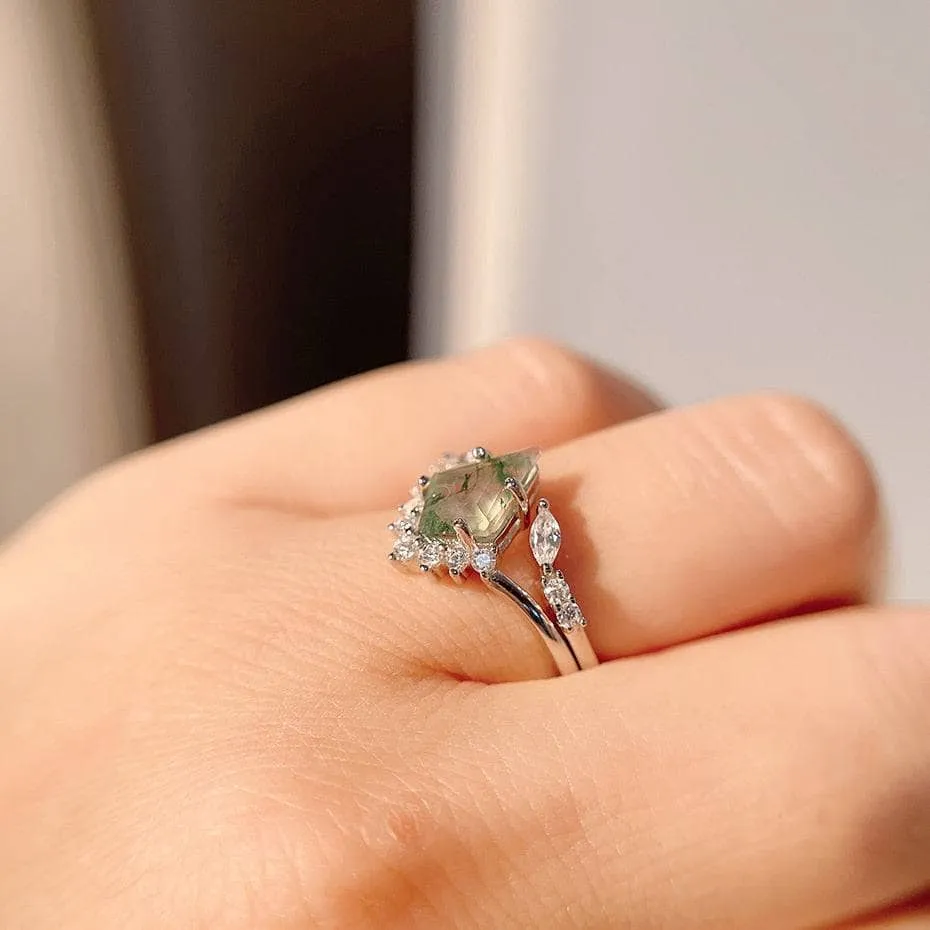 VIP Custom Dream Ring- Natural Moss Agate Rhombus Shape Engagement Ring