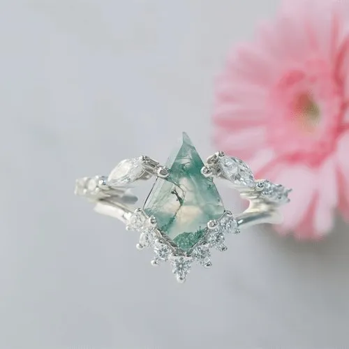 VIP Custom Dream Ring- Natural Moss Agate Rhombus Shape Engagement Ring