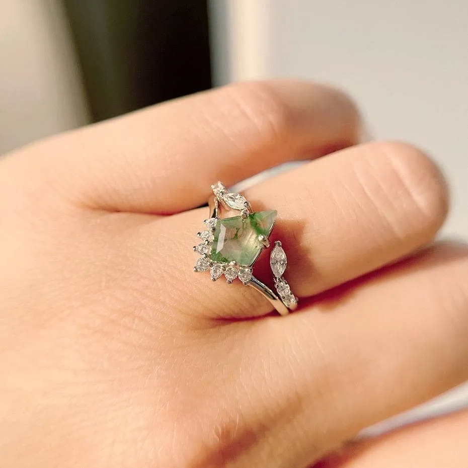 VIP Custom Dream Ring- Natural Moss Agate Rhombus Shape Engagement Ring