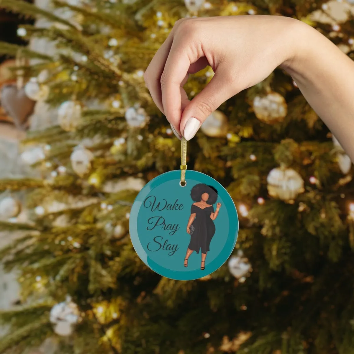 Wake Pray Slay Curve Glass Ornament