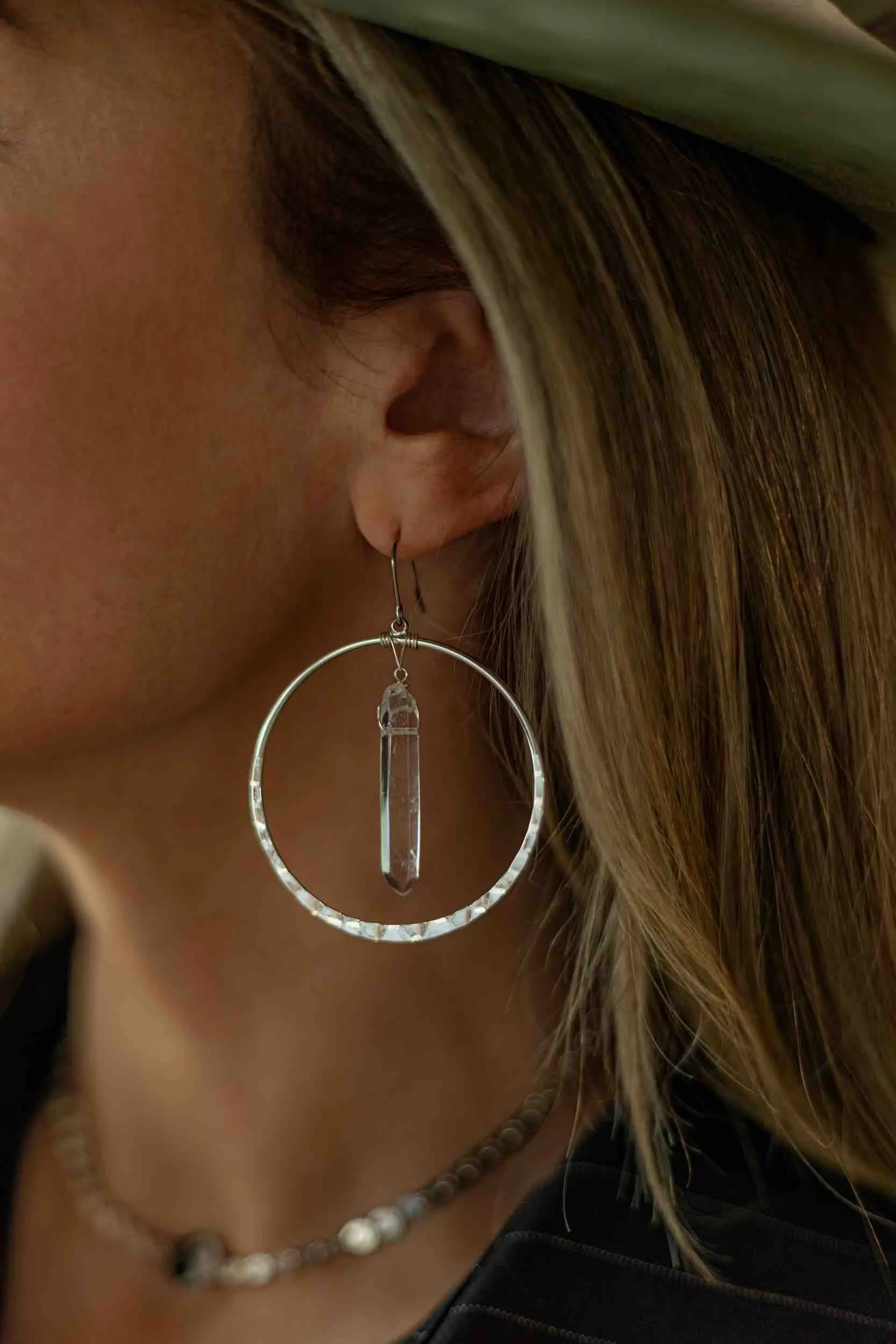 Wands of Light Quartz Silver Hoops