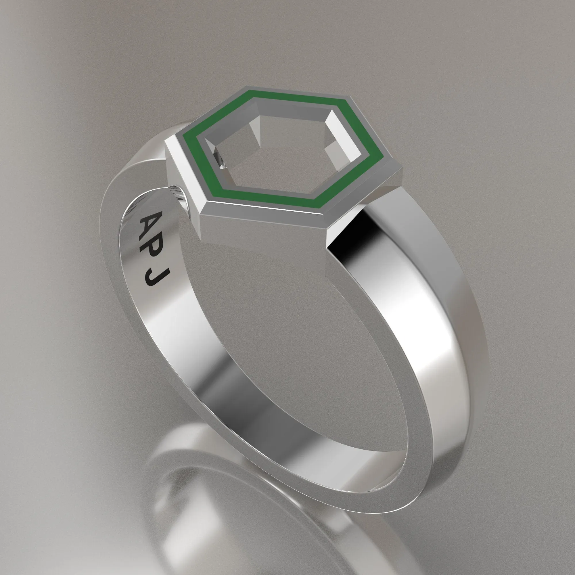 White Gold Geometric Hexagon Signet Ring, Transparent Green Resin Solid 14kt White Gold Petite Signet Design