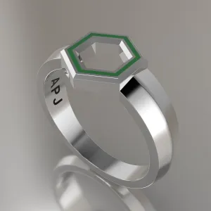 White Gold Geometric Hexagon Signet Ring, Transparent Green Resin Solid 14kt White Gold Petite Signet Design