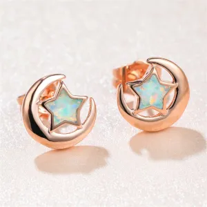 White Opal & 18K Rose Gold-Plated Star Moon Stud Earrings