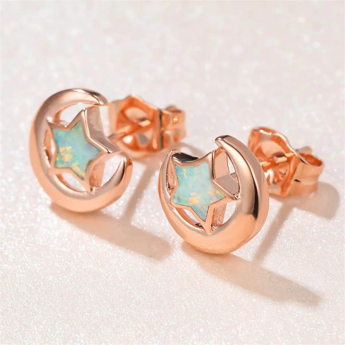 White Opal & 18K Rose Gold-Plated Star Moon Stud Earrings