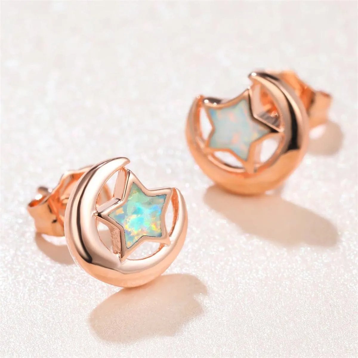 White Opal & 18K Rose Gold-Plated Star Moon Stud Earrings